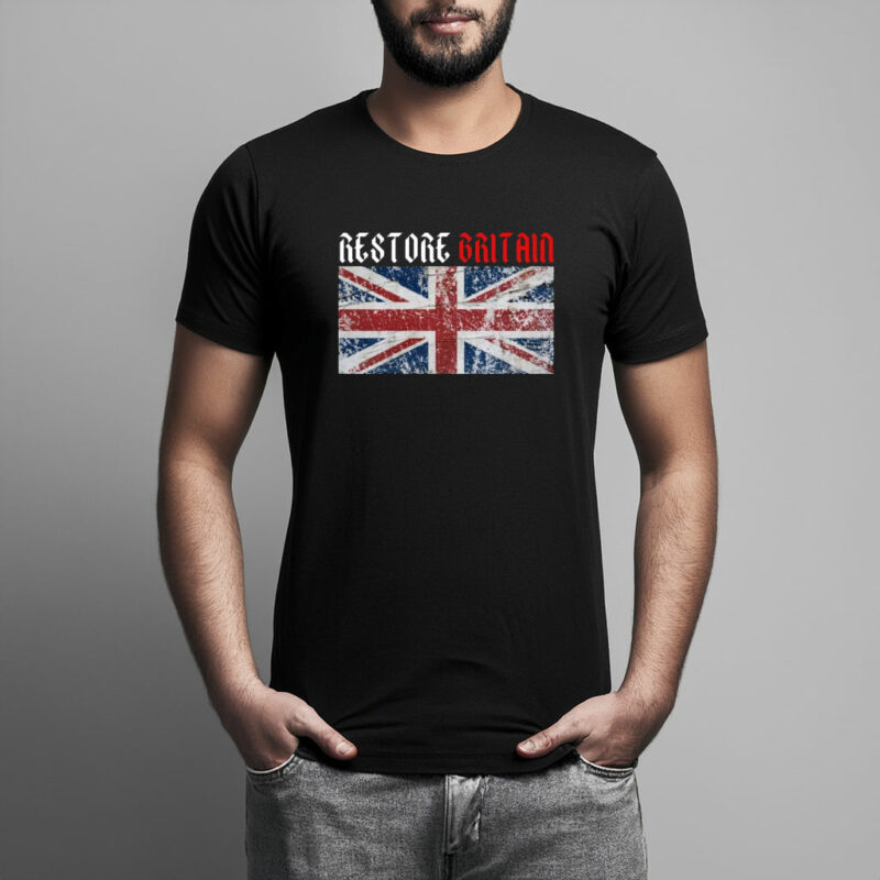 Restore Britain Red Gothic Text Union Jack T-Shirt