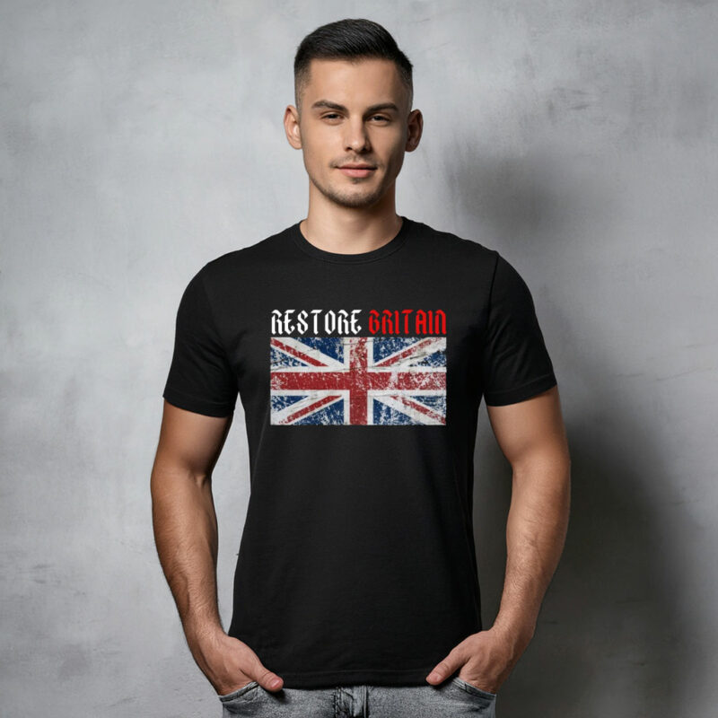 Restore Britain Red Gothic Text Union Jack T-Shirt