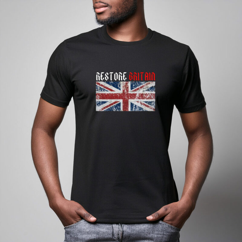 Restore Britain Red Gothic Text Union Jack T-Shirt