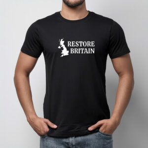 Restore Britain White Map on Black T-Shirt