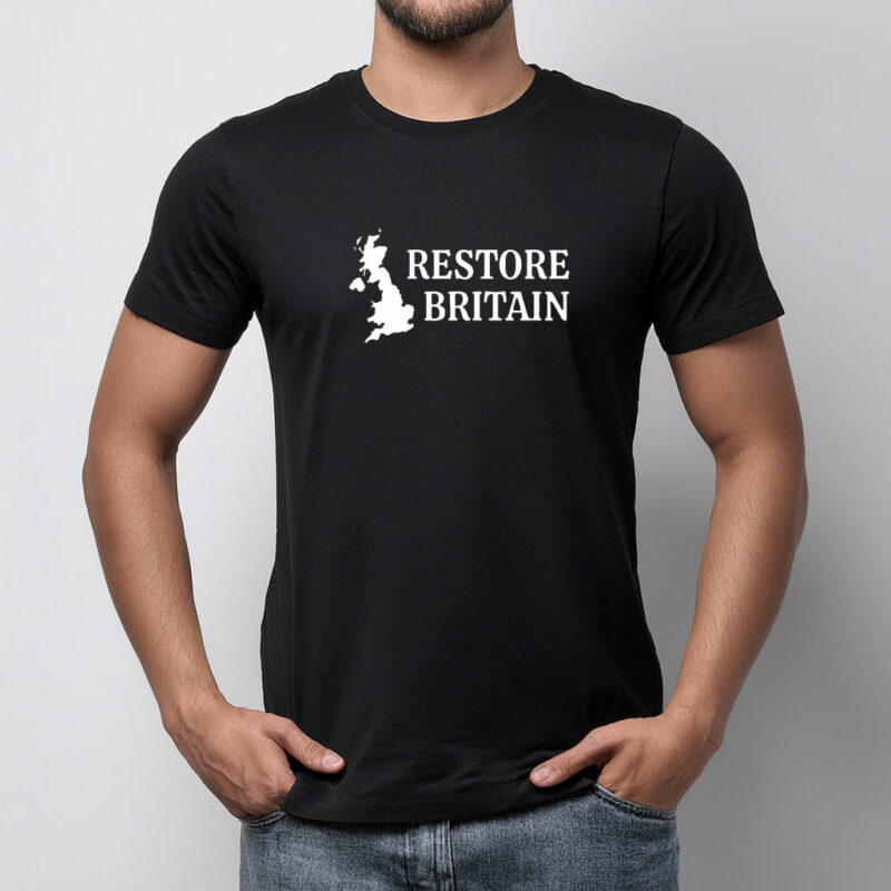 Restore Britain White Map on Black T-Shirt