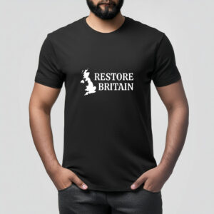 Restore Britain White Map on Black T-Shirt