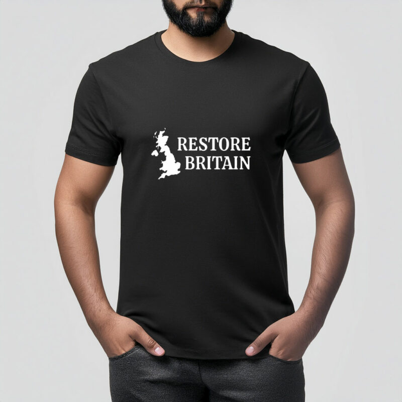Restore Britain White Map on Black T-Shirt