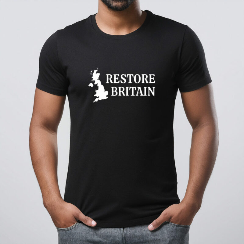 Restore Britain White Map on Black T-Shirt