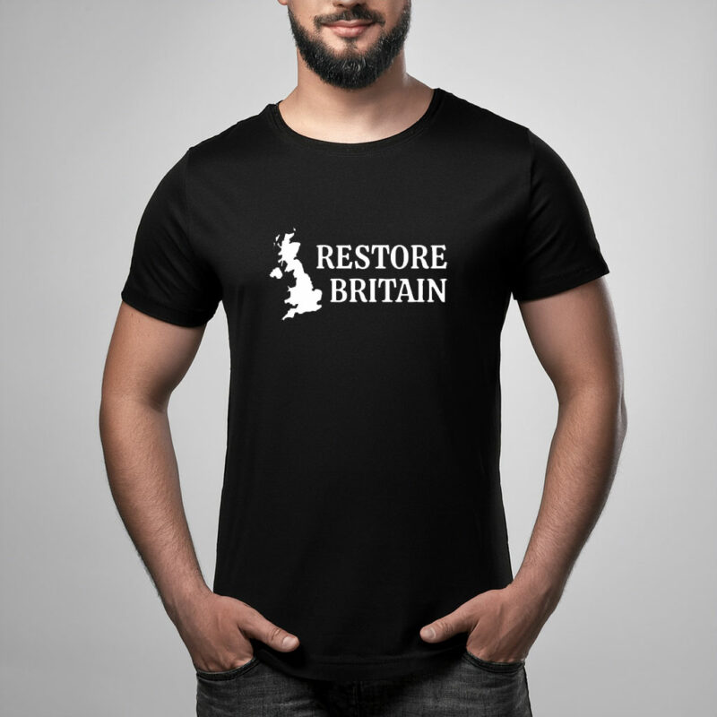 Restore Britain White Map on Black T-Shirt