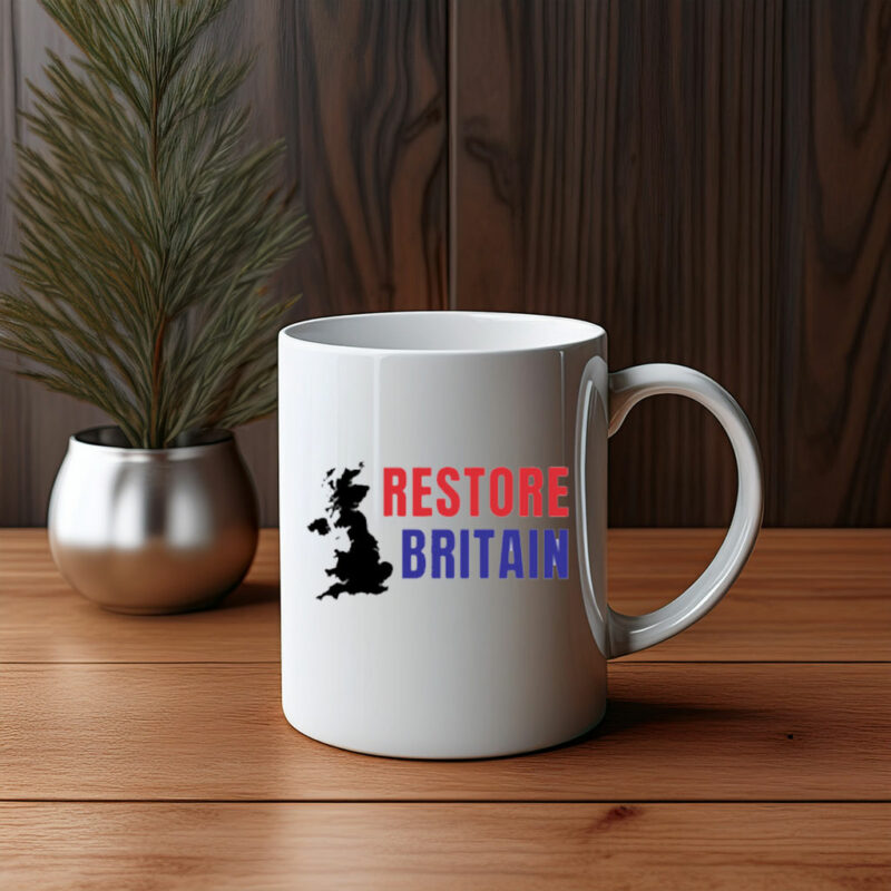 Restore Britain Red Blue Text Mug