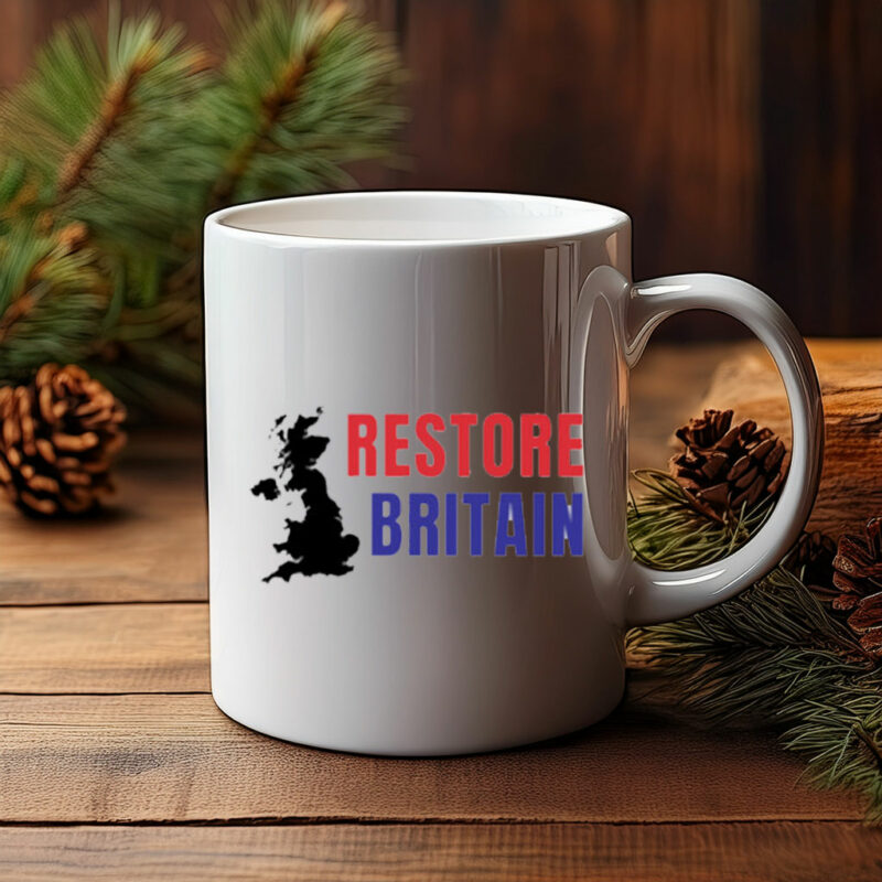 Restore Britain Red Blue Text Mug