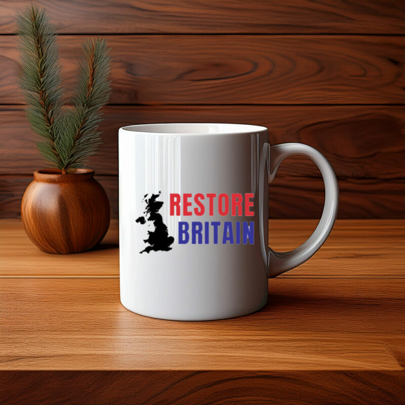 Restore Britain Red Blue Text Mug