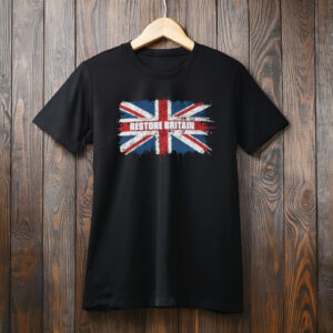 Restore Britain – Grunge Union Jack Typography T-Shirt