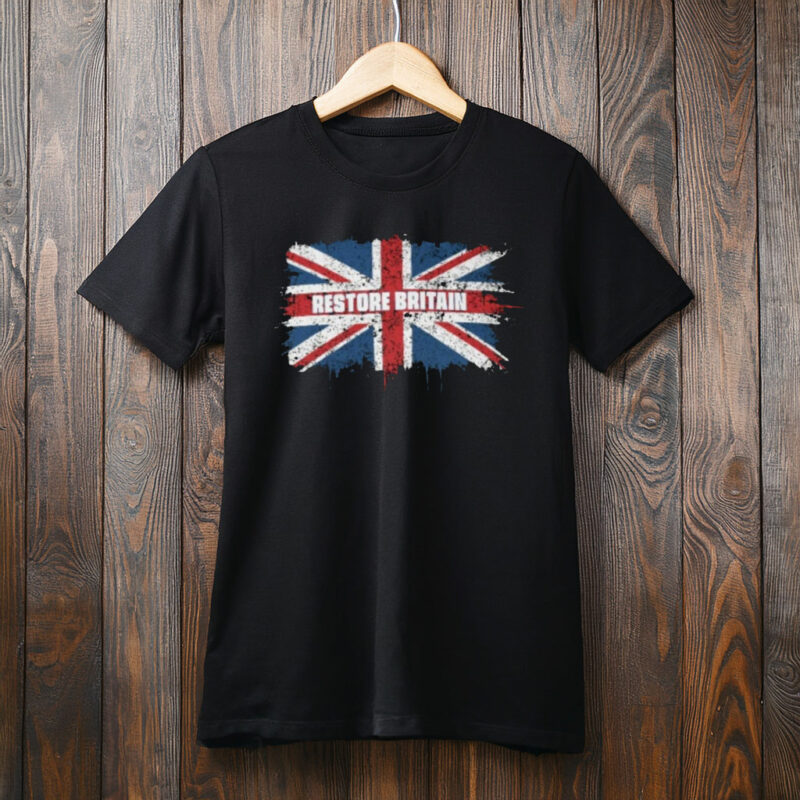 Restore Britain – Grunge Union Jack Typography T-Shirt