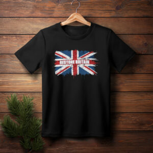 Restore Britain – Grunge Union Jack Typography T-Shirt