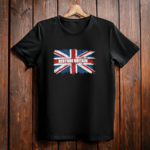 Restore Britain – Grunge Union Jack Typography T-Shirt