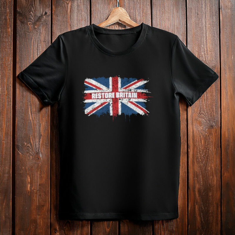 Restore Britain – Grunge Union Jack Typography T-Shirt