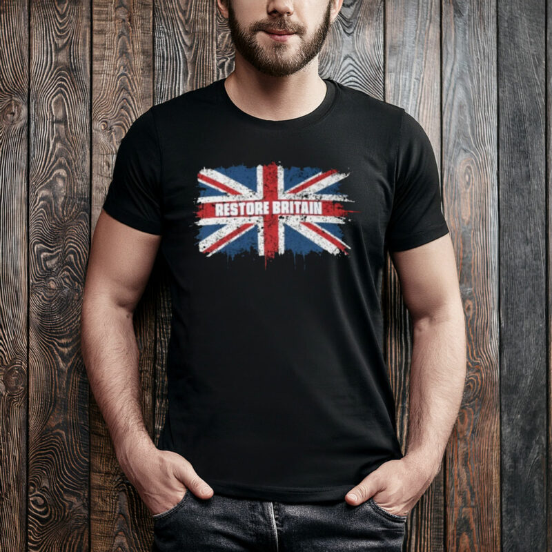 Restore Britain – Grunge Union Jack Typography T-Shirt